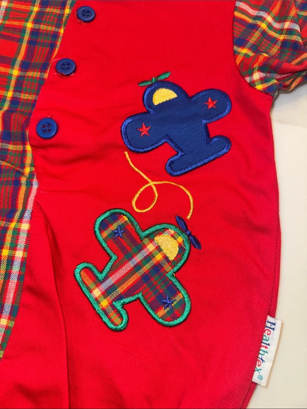 Vintage Healthtex Red Plaid Baby Romper with Airplane Embroidery 24 Months
